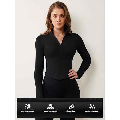 AVGO Women's Workout Jacket Lightweight Zip Up Cropped Yoga Jackets Slim Fit Athletic Tops with Thumb Holes