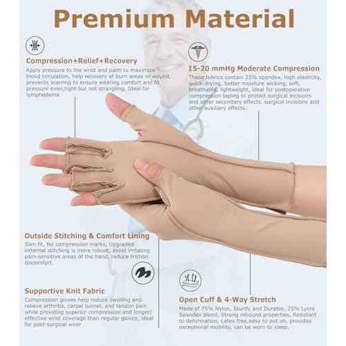 NURCOM Compression Arthritis Gloves, Rheumatoid Pain Relief Compression Gloves for Women & Men, Premium Fingerless Circulation Gloves for Arthritis & Joint Pain, Swelling, Tendonitis, 1 Pair Beige M