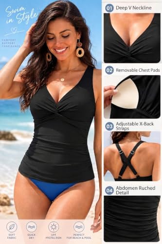 Women Tummy Control Tankini Top Black Large - Twist V Neck Swimsuit 2025
