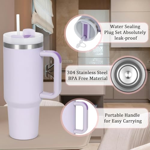 40 Oz Stainless Steel Tumbler with Handle Set - Cream, Purple, Green, Rose Quartz