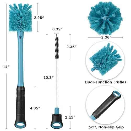 2-in-1 Water Bottle Brush and Straw Cleaner Brush, Long Handle Scrub Brush with Replaceable Head for Water Bottles, Glasswares, Mugs, Flasks, Tumblers, Vases, and Kitchen Sink, Smokey Blue