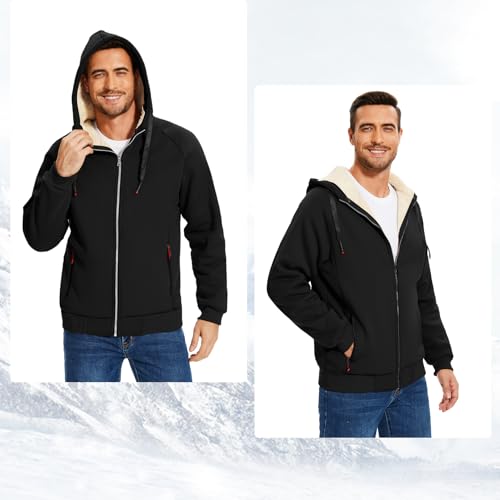 Flygo Sherpa Hoodies for Men Black Large Zip Up Winter Fleece Lined Hoodie