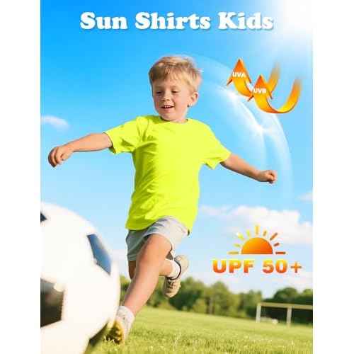 Boys Rash Guard Swim Shirt UPF 50+ Short Sleeve Athletic Shirts Quick Dry Fit Sun Shirt Neon Tees for Kids Girls Youth 2-16Y