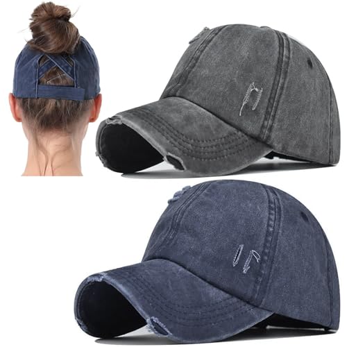 Black Navy Distressed Ponytail Hat for Women - Criss Cross Baseball Cap with High Bun, 2 Pack