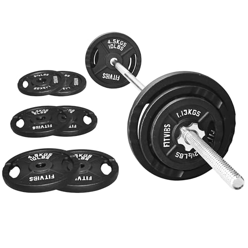 Fitvids Barbell Weight Set, Cast Iron 1" Standard Weight Plates Including 5FT Standard Barbell Bar & Star Locks, 45 Pounds Set (35 Lbs Plates + 10 Lbs Barbell Bar), Multiple Packages