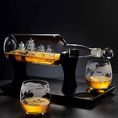 Godinger Ship In A Bottle Whiskey Decanter and Whiskey Glasses Bar Set, for Liquor Scotch Bourbon, Gifts for Men Clear