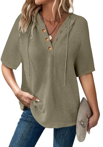 Dimur Oversized Waffle Knit V-Neck Hoodie for Women Summer Casual Top