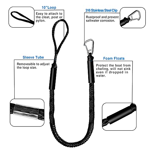Black 6ft Bungee Dock Line for Boat, Kayak, Jet Ski with Stainless Steel Clip