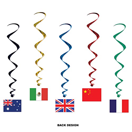 International Flag Whirls - 5 Pack Hanging Decorations with Multinational Flags