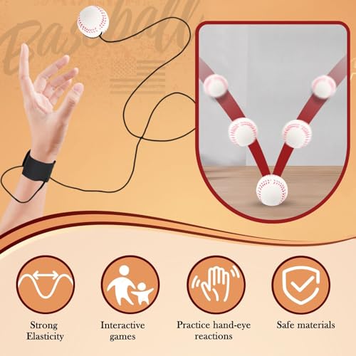 Baseball Wrist Return Balls 4 Pack - 2.36 Inch Rebound Sport Balls with Elastic Strap for Kids & Adults - Baseball Variation