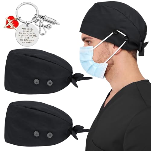 2 Pcs Satin Lined Scrub Caps for Nurses Women Men with 4 Buttons - Black