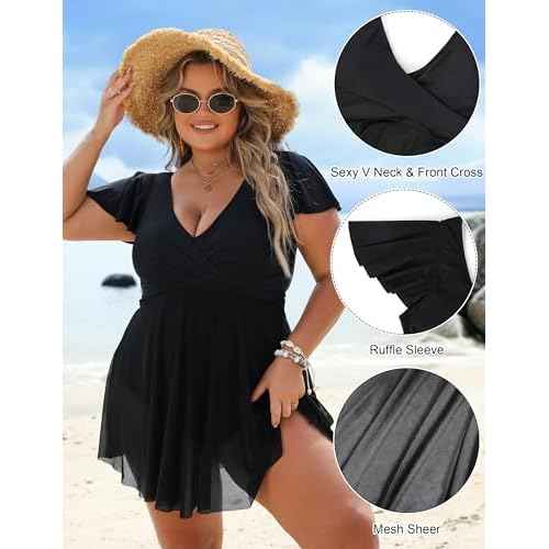 BMJL Women's Plus Size Swimsuit One Piece Tummy Control Bathing Suit Ruffle Sleeve Swim Dress