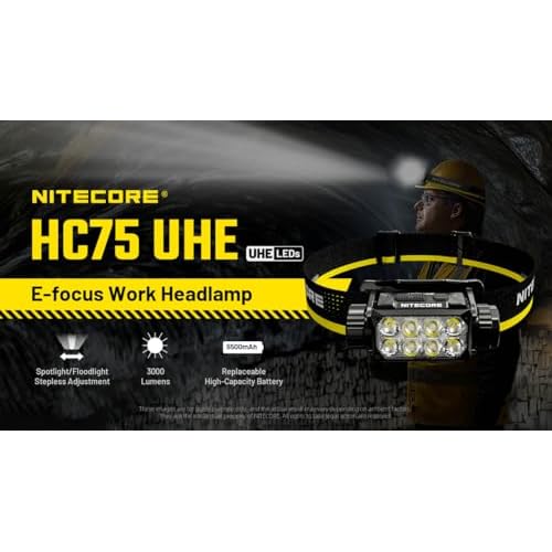 Nitecore HC75 UHE 3000 Lumen USB-C Rechargeable Zoomable Work Headlamp, White and Red Beams for Industrial Work, Night Camping, Hiking, and Hunting, Adjustable Focus with Floodlight and Spotlight