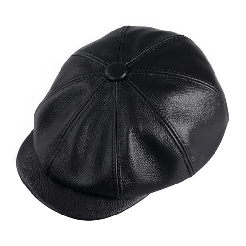 Men's Newsboy Flat Cap - Genuine Cowhide Leather Gatsby Ivy Golf Cabbie Hat XX-Large Black