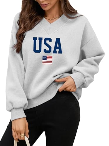 Women’s Grey Large Avanova Graphic V Neck Sweatshirt with Drop Shoulder Long Sleeves