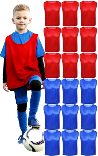 Kids Breathable Mesh Soccer Vests & Pennies Set - 9 Red & 9 Blue, Ages 5-10