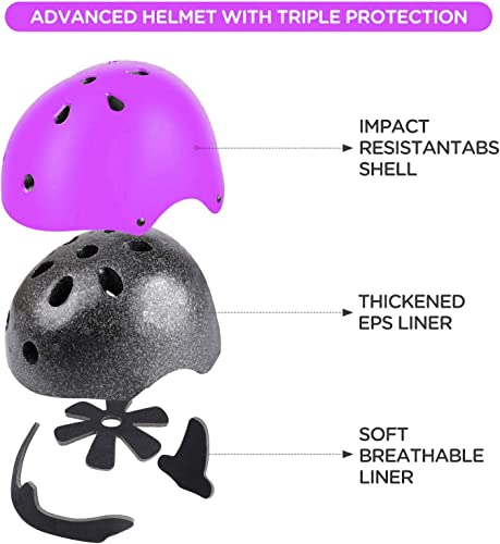 Purple Kids Helmet with Knee Pads Elbow & Wrist Guards - Toddler Bike Safety Gear for Ages 8-14