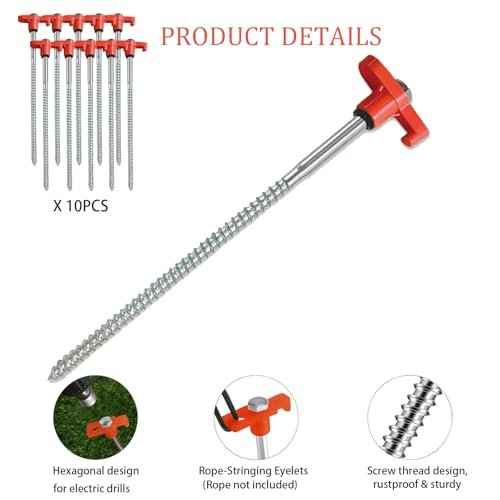 10-Pack 8" Heavy Duty Screw in Tent Stakes, Drill-in Non-Rust Ground Anchor Pegs, Metal Tent Accessories for Camping, Garden, Hiking, Orange