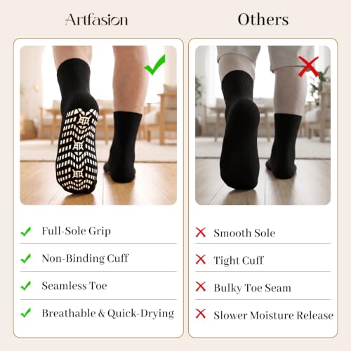 Non Slip Grip Socks for Men - Fall Prevention Hospital Seniors 11-13, Black - 5 Pairs