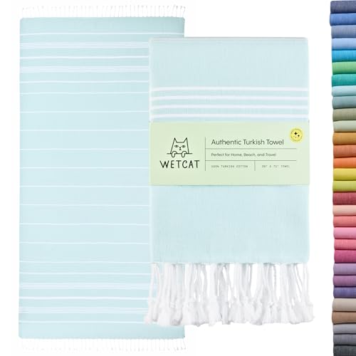 WETCAT Turkish Beach Towel Oversized (38"x71") 100% Turkish Cotton, Made in Turkey - Sand Free, Extra Large, Ultra Soft, Quick Drying, Compact & Lightweight for Travel - Aqua