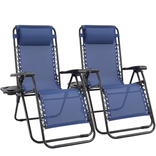 Sweetcrispy Zero Gravity Chairs Set of 2 - Classic Blue Folding Lounge Chairs with Cup Holder & Adjustable Pillow