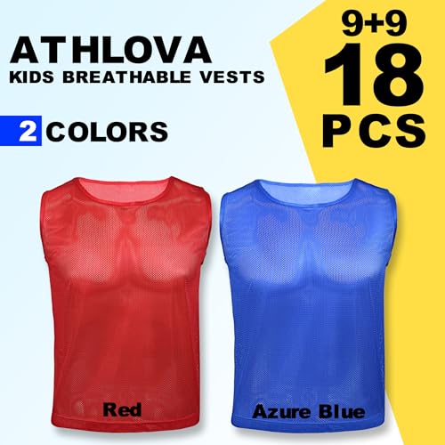 Kids Breathable Mesh Soccer Vests & Pennies Set - 9 Red & 9 Blue, Ages 5-10