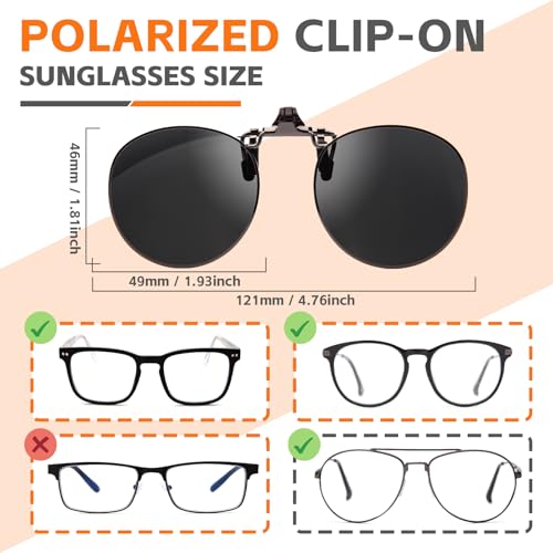 JO Polarized Clip-On Sunglasses UV400 Anti-Glare Lenses with Metal Round Frame - Black, 52mm