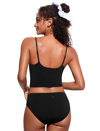 Women's Medium Black Cami Strap Longline Bikini Top - Quick Dry, Supportive