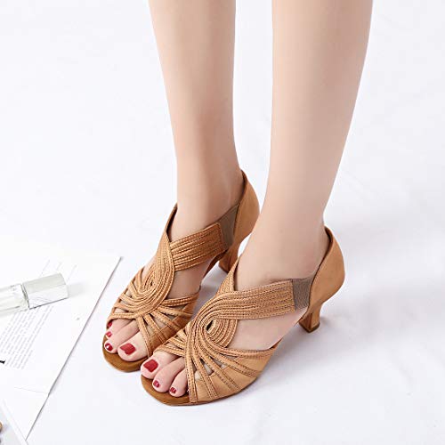 YYTing Ballroom Dance Shoes Women Latin Salsa Practice Dancer 2.5'' Heels - Tan 7