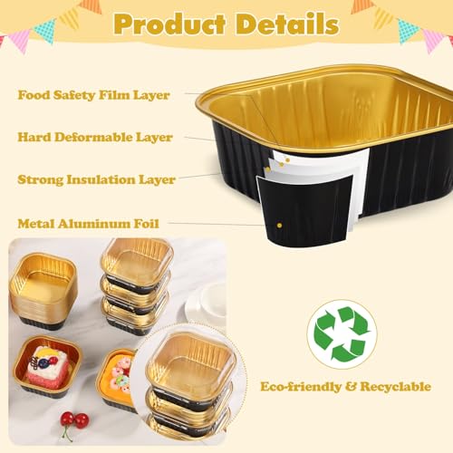 Mini Disposable Cake Pans with Lids 10oz Square Aluminum Baking Cups - Black