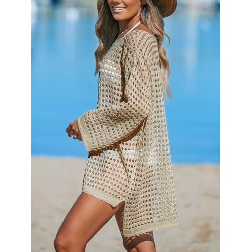 CUPSHE Women's Crochet Cover Up Cutout Drop Shoulder Long Sleeves Pullover Beachwear Bathing Suit 2025