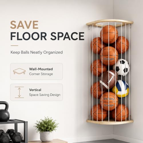 Wall-Mount Sports Ball Storage Rack with Wooden Frame for Garage & Home
