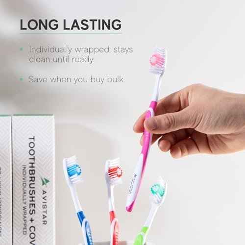 104 Pack Bulk Toothbrushes w/Cover Caps, Individually Wrapped Disposable Travel Toothbrush, Value Size, Long Lasting 3+ Months, Med-Soft Manual Teeth Brush Bristles - Pink