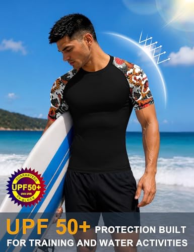 Roadbox Men's BJJ Rash Guard Short Sleeve - Large / Black & Orange Dragon