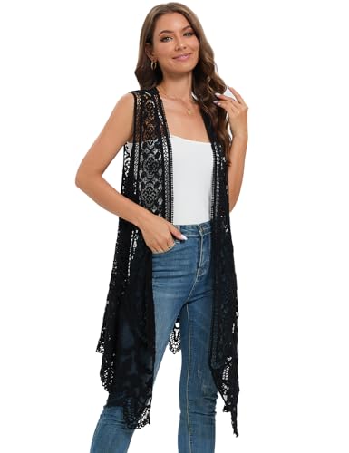 Black Sheer Crochet Cardigan Cover Up Mesh Hippie Vest - Sleeveless