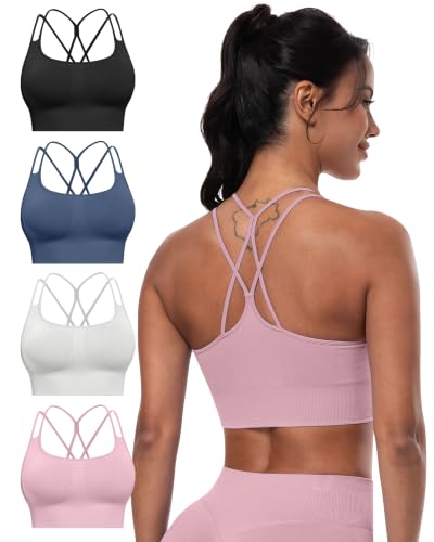 Sports Bras for Women 4 Pack - Medium Support Padded Seamless Racerback, Black, Pink & Grey