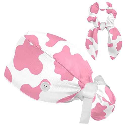 Work Caps Bouffant Surgical Cap with Hair Tie Cow Skin Print Pink Ponytail Holder Tie Back Scrub Hat