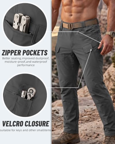 Men's Cargo Tactical Pants Work Hiking Trousers Waterproof Lightweight Elastic Waist - Dark Grey Medium
