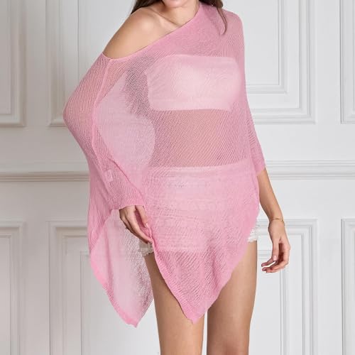 Pink Women's Sheer Knit Poncho Top Lightweight Crochet Beach Cover Up - One Size