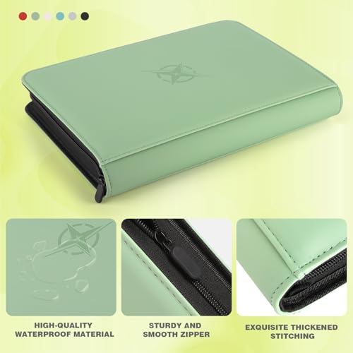 Trading Card Binder 9-Pocket, Holds 540 Cards, Premium PU Zip, Soft Green