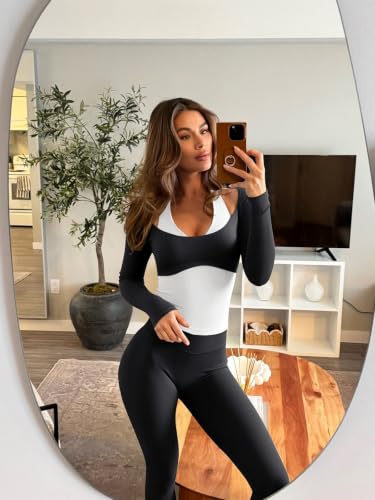 LASLULU Women's Colorblock Padded Long Sleeve Workout Top - Medium Black