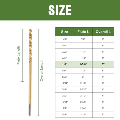 1/8 Inch x 6 Inch Titanium-Coated Drill Bits 6 Pack for Wood Plastic Metal - Long High-Speed Steel Aircraft Drill Bit with Split Point