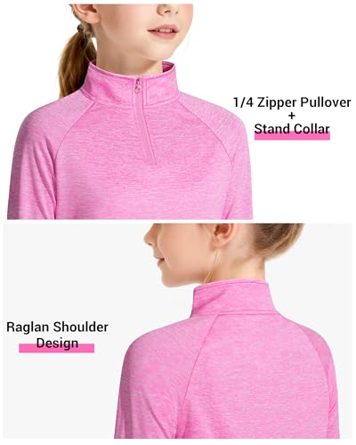 Girls Long Sleeve Athletic Shirt Quarter Zip Pullover for Sports - Pink 7-8 Years
