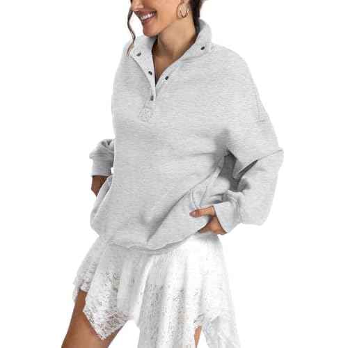 Womens Fleece Sweatshirts Oversized Henley Neck Long Sleeve Button Pullover Tops Trendy Outfits Clothes 2026