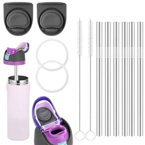 12PCS Replacement Straws Compatible with Owala 24oz/32oz with 2 Cleaning Brushes 6 Reusable Stainless Steel Straw 2 Water Bottle Seal Ring 2 Replacement Stopper for Owala Freesip (Grey)