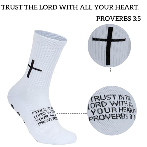 6 Pairs Cross Grip Soccer Socks for US 6-13 - Anti-Slip Christian Socks with Bible Verse, Jesus Sports Sock with Black and White Variation