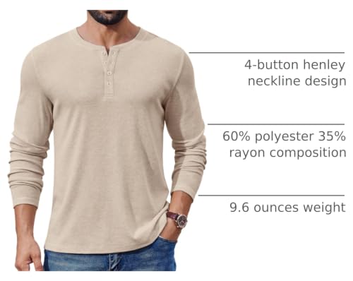 Men's Henley Shirt Long Sleeve Casual T-Shirt - Large Light Khaki