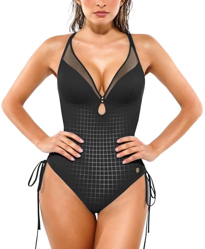 Popilush Tummy Control One-Piece Swimsuit for Women - Large Black Shapewear Bathing Suit