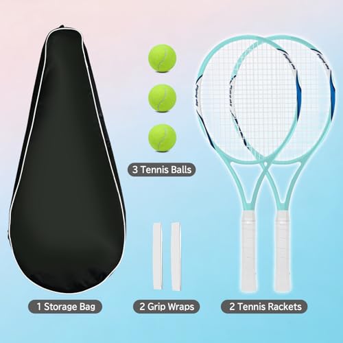 Blue and White Tennis Racket Set for Adults - 27 Inch, 2 Pack with Balls, Bag & Grip Tape — Beginner Friendly