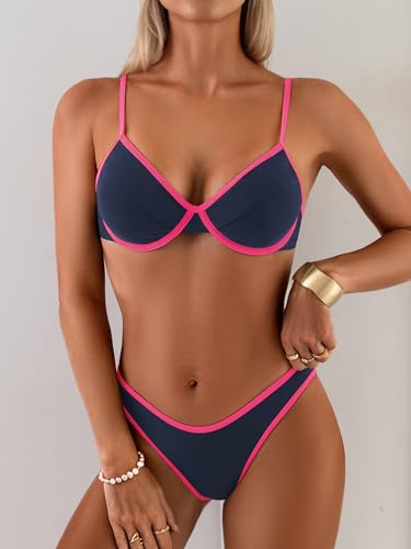 Women's Push Up Bikini Set - Large Blue & Rose Pink Two-Piece Swimsuit with Underwire & Contrast Binding